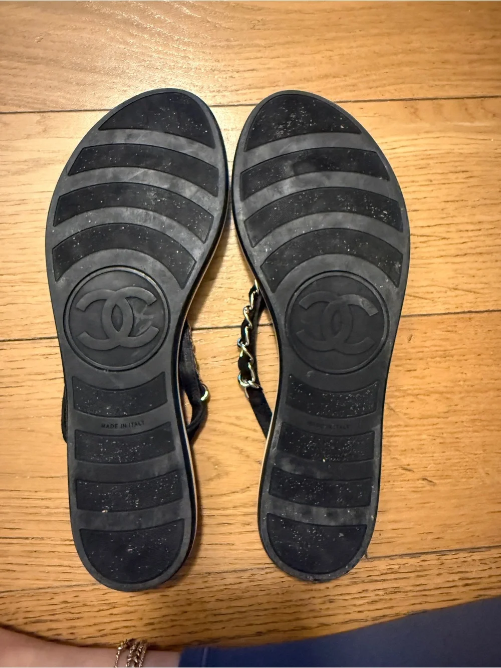 CHANEL Black Quilted Chain-Trim Flip Flop Sandals - Women